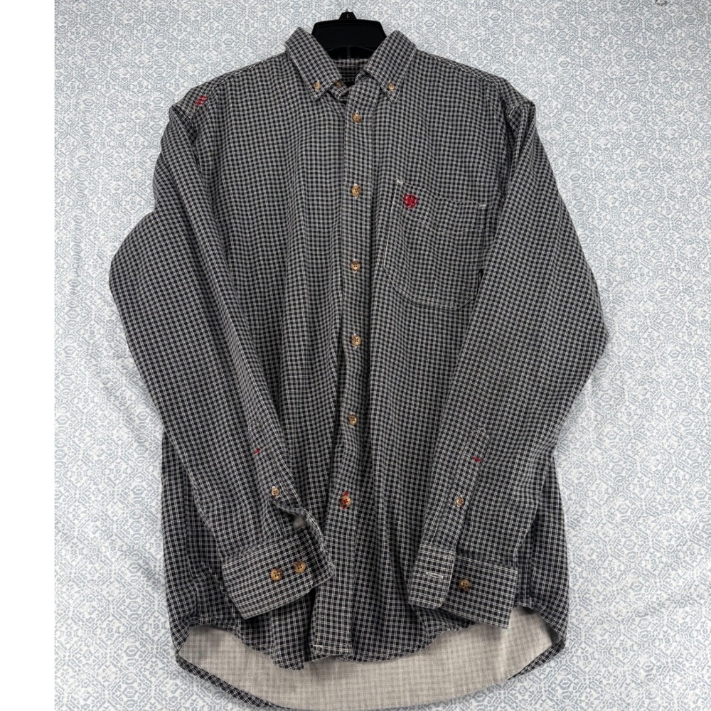 Ariat Work FR Mens Medium Navy White Grid Check Flame Resistant Button Down